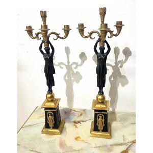 Pair Of Empire Period Candelabra In Patinated And Gilded Bronze