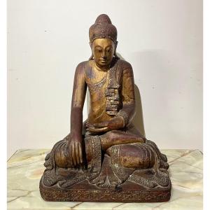 Bouddha En Bois Sculpté Laqué Et Doré