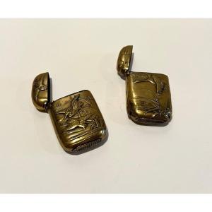 Two Pyrogens Art Deco Matchbox In Brass Decorated With Herons