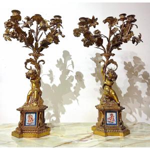 Paire De Candélabres Plaques De Porcelaine Et Bronze Doré Napoléon III