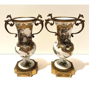 Pair Of Small Vases In Sèvres Or Paris Porcelain And Bronze 