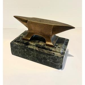 Small Bronze Jeweler's Anvil On A Sea Green Marble Base