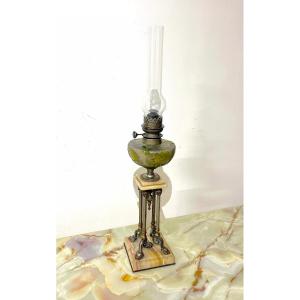 Oil Lamp In Bronze, Onyx And Glass Paste 