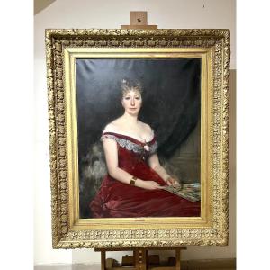 Large Painting Portrait Of A Woman Oil On Canvas Late 19th Century