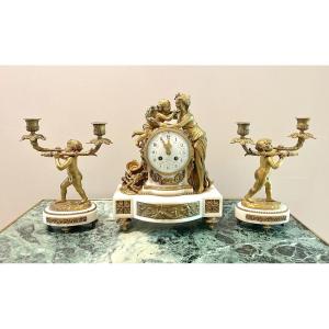 Louis XVI Style Gilt Bronze And White Marble Mantelpiece Set