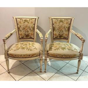 Pair Of Directoire-style Armchairs With Needlepoint Upholstery