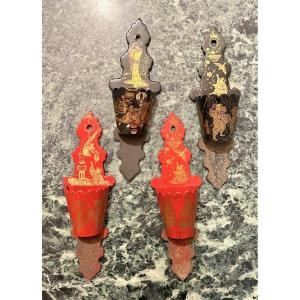 4 pyrogènes (boites à allumettes) laque décor asiatique fin XIXème