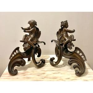 Paire de chenets bronze chérubin XIXème
