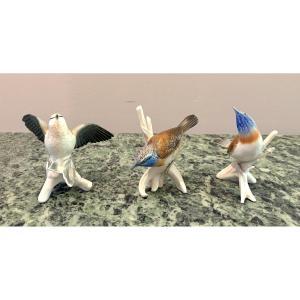 Karl Ens: Three Birds In Polychrome Porcelain 