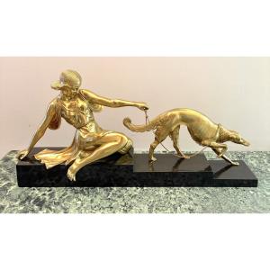 Art Deco Gilded Bronze Sculpture Of A Woman With A Greyhound
