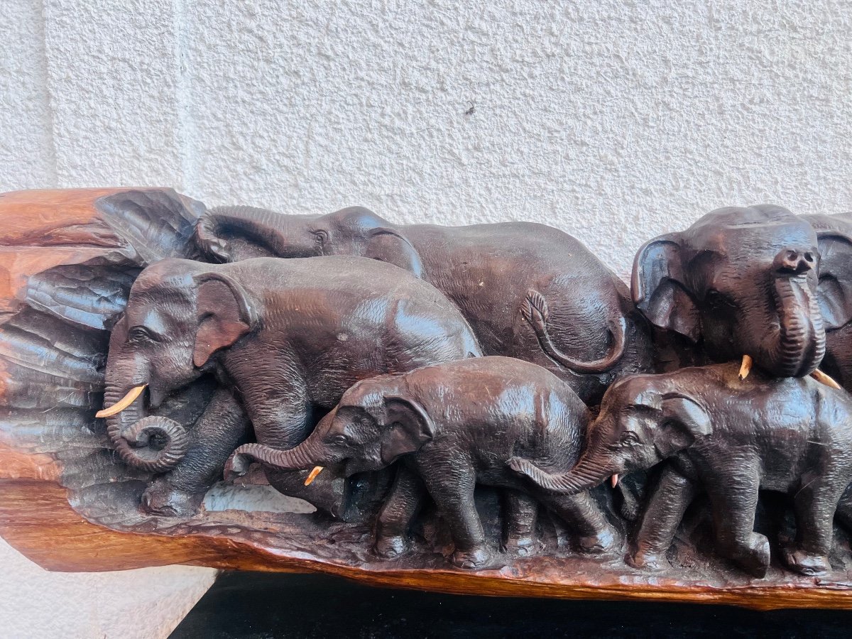 Très grande sculpture 1M 82  X 31 de H Troupeau d’éléphants sculpté sur bois-photo-2