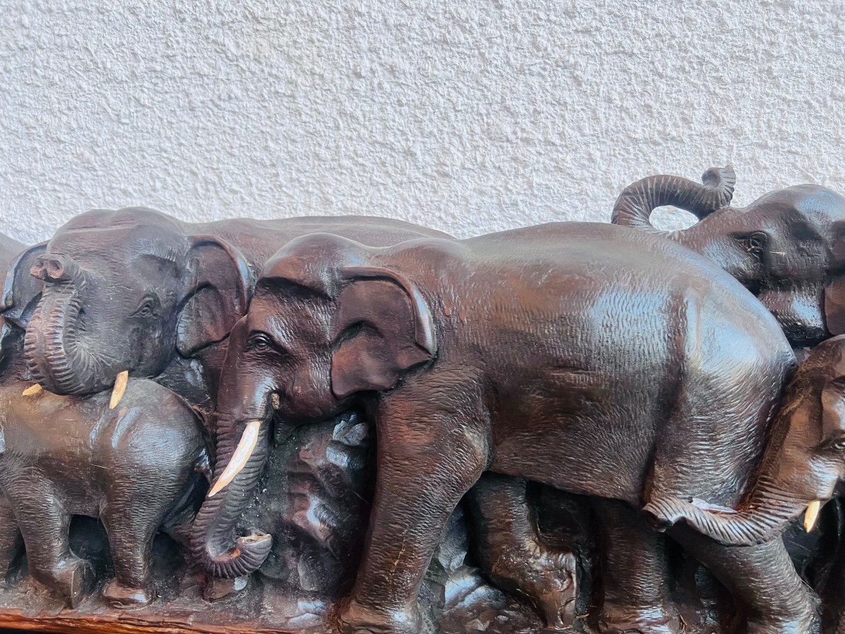 Très grande sculpture 1M 82  X 31 de H Troupeau d’éléphants sculpté sur bois-photo-3