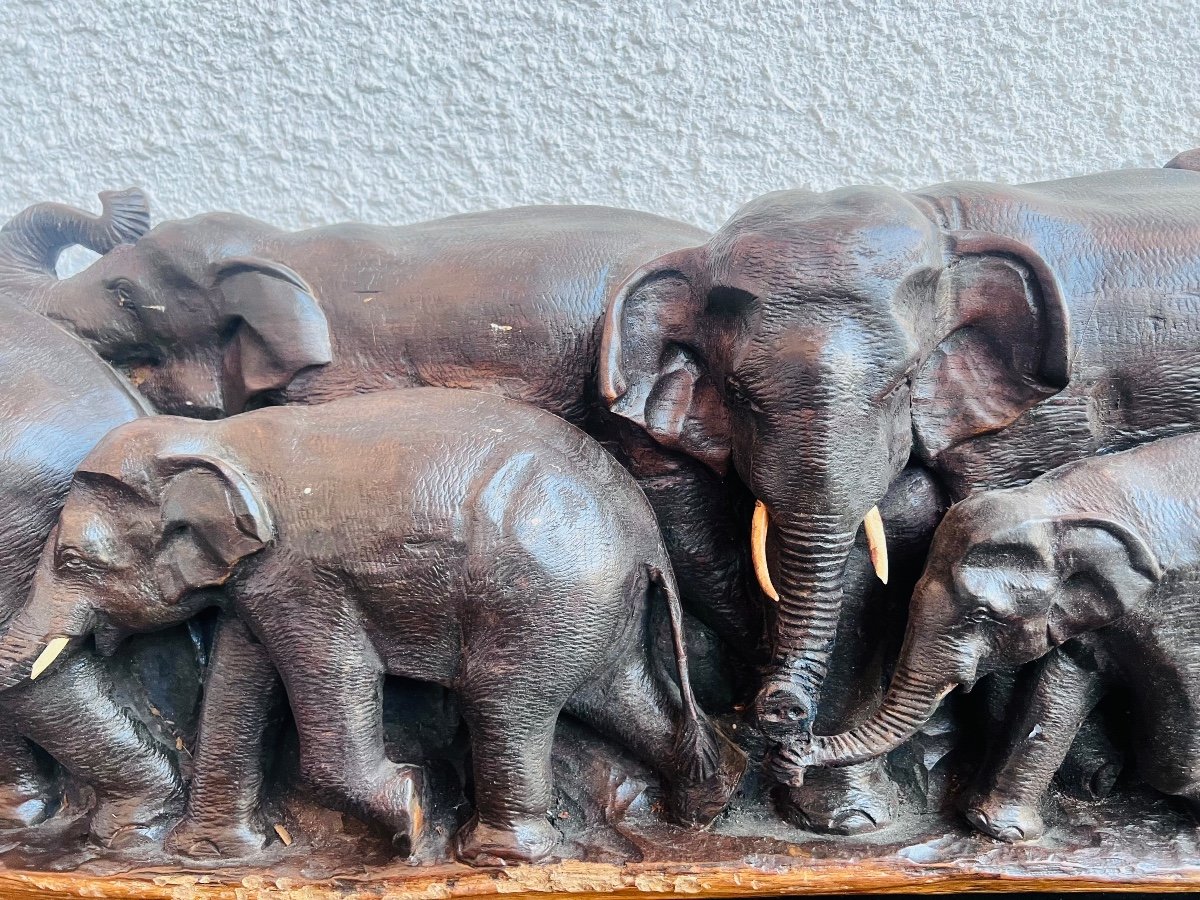 Très grande sculpture 1M 82  X 31 de H Troupeau d’éléphants sculpté sur bois-photo-1