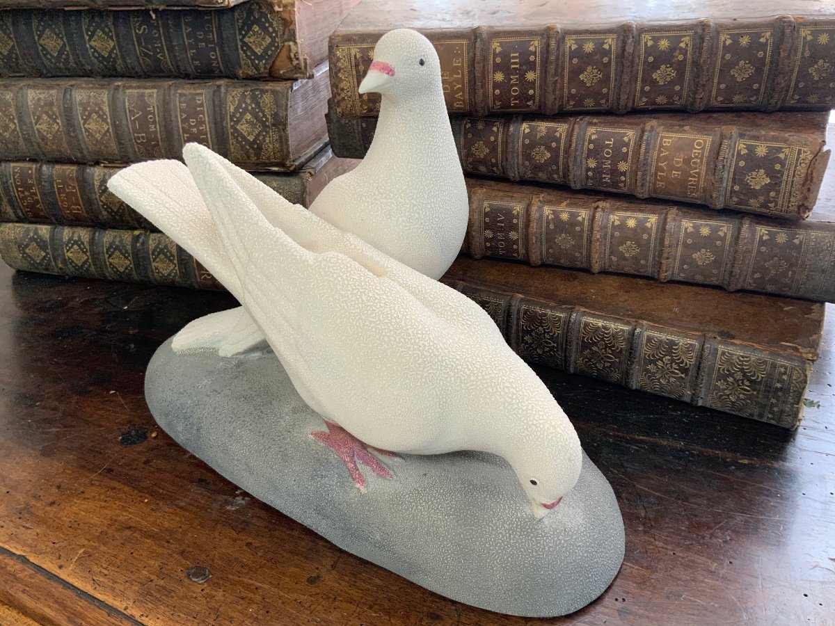 Couple Of Pigeons In Crispy White Ceramic Sèvres Art Deco-photo-2