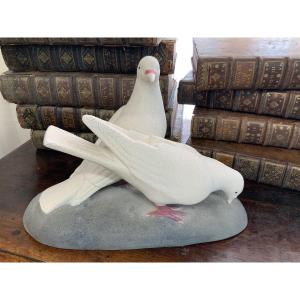 Couple Of Pigeons In Crispy White Ceramic Sèvres Art Deco