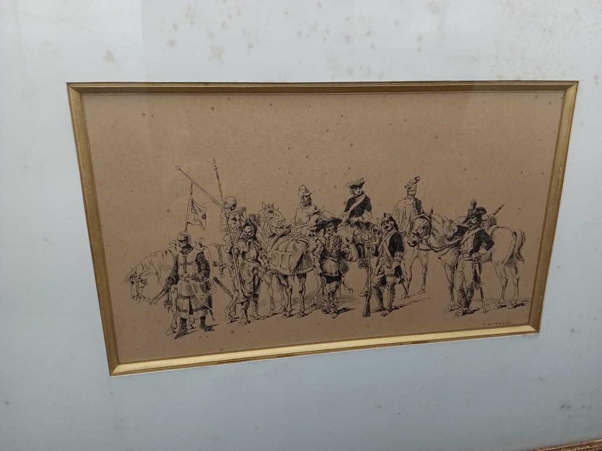 DESSIN DE R. ATTHALIN  À L'ENCRE NOIRE D’UNE FRISE CHRONOLOGIQUE DE L'HISTOIRE MILITAIRE-photo-3