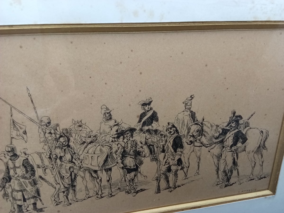 DESSIN DE R. ATTHALIN  À L'ENCRE NOIRE D’UNE FRISE CHRONOLOGIQUE DE L'HISTOIRE MILITAIRE-photo-1