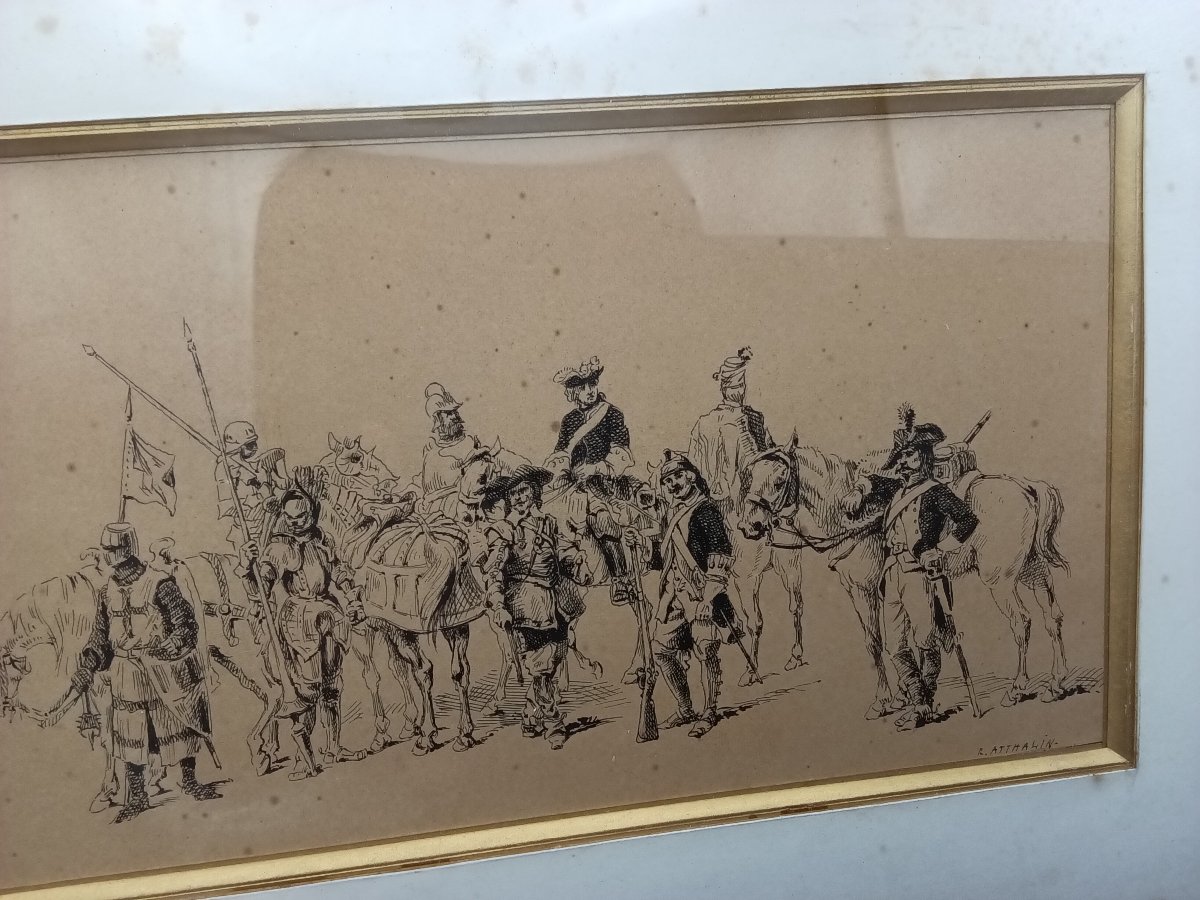 DESSIN DE R. ATTHALIN  À L'ENCRE NOIRE D’UNE FRISE CHRONOLOGIQUE DE L'HISTOIRE MILITAIRE