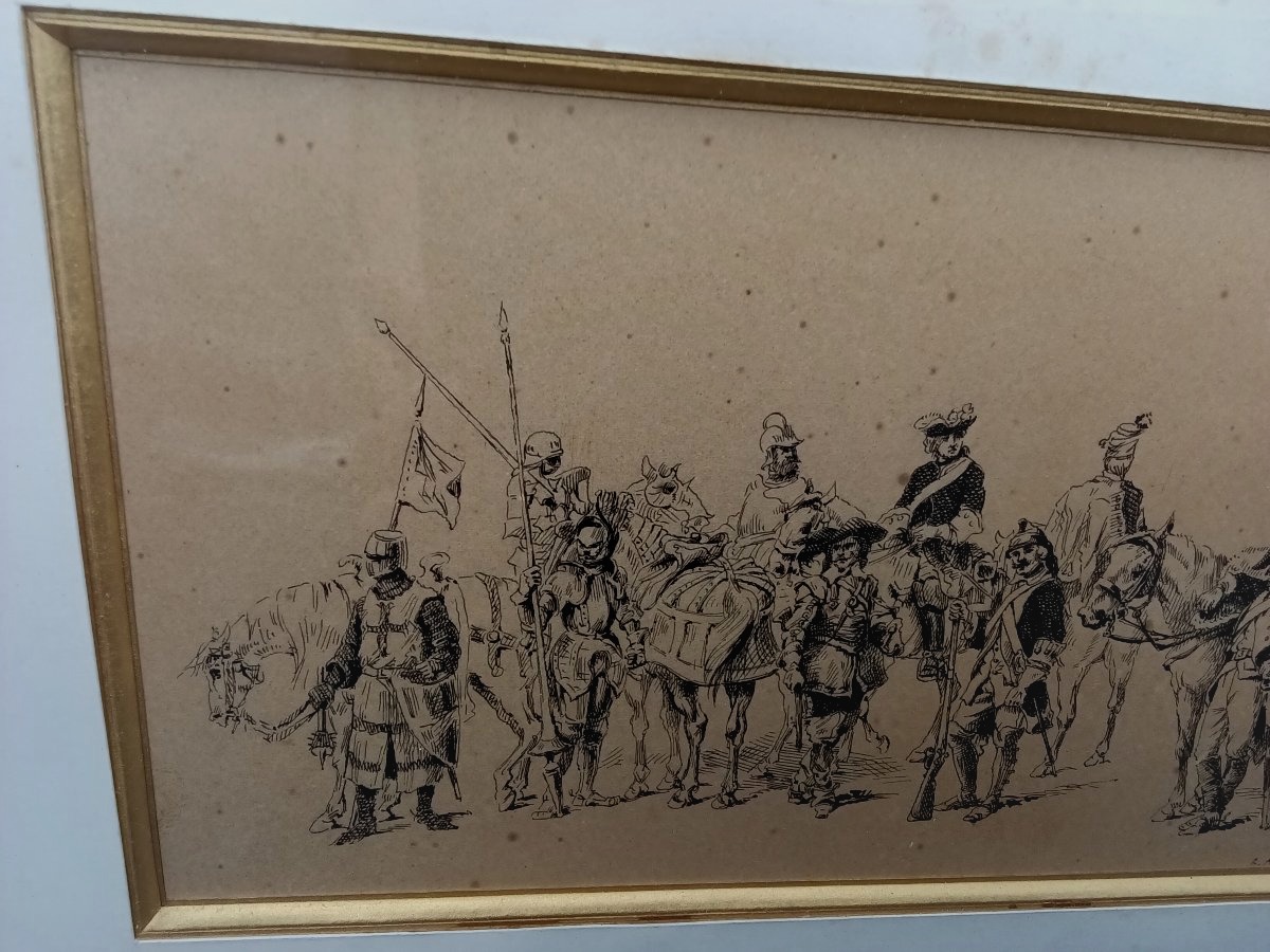 A Drawing By R. Atthalin In Black Ink Of A Chronological Frieze Of Military History.-photo-4