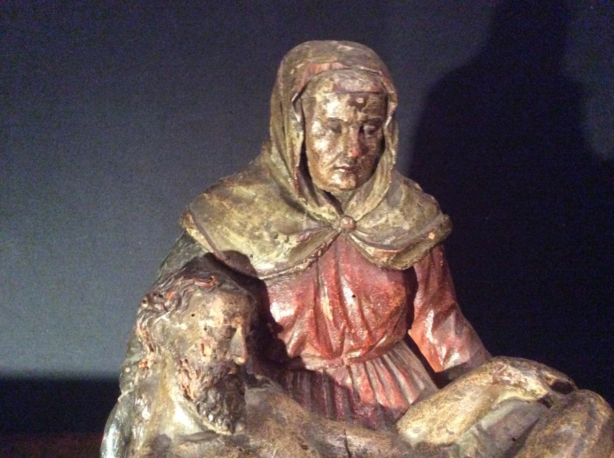 Pietà En Bois Polychrome , Sculpture Vierge de Pitié-photo-3