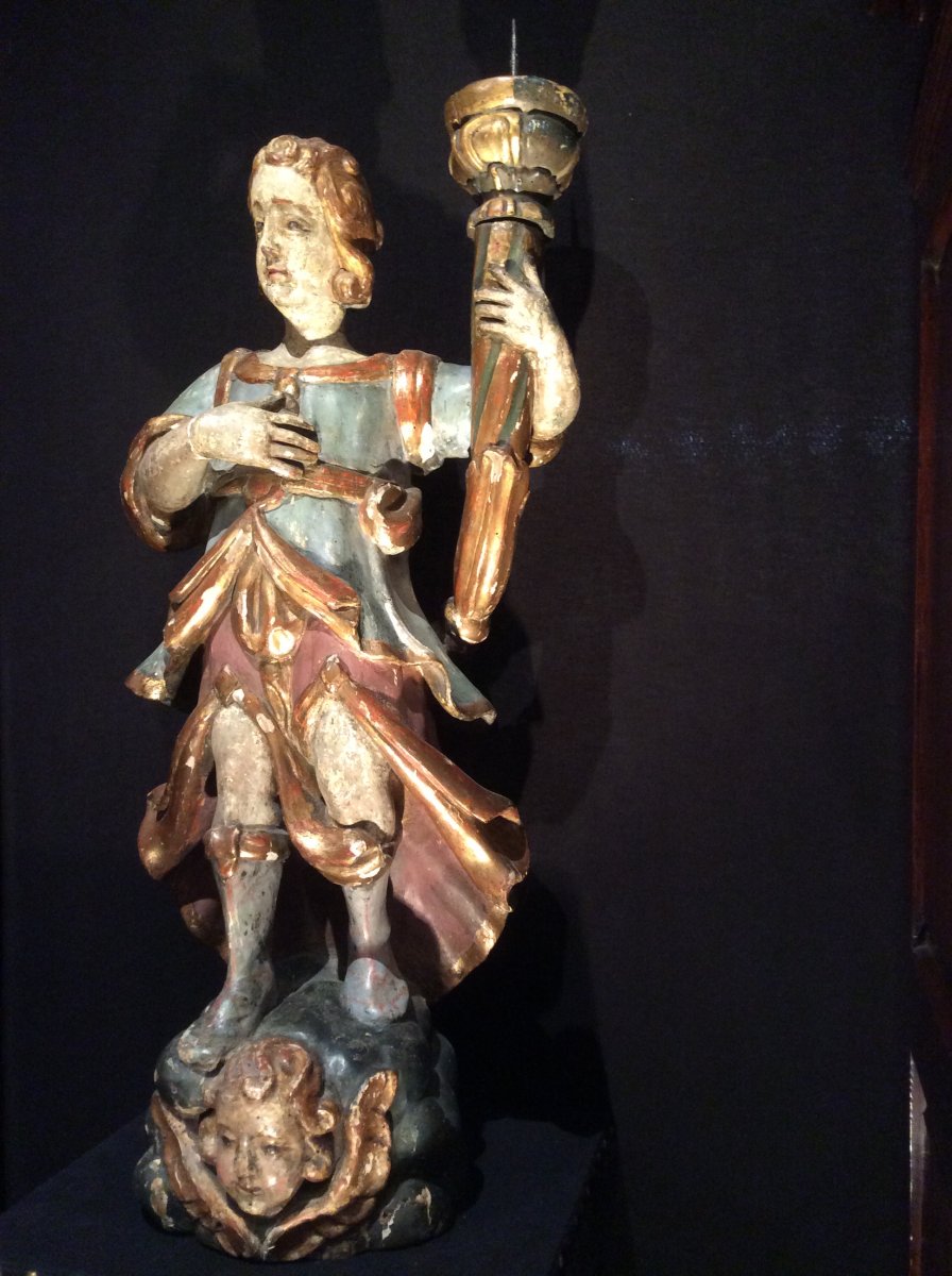 Sculpture En Bois Polychrome PORTE  TORCHERE  -photo-2