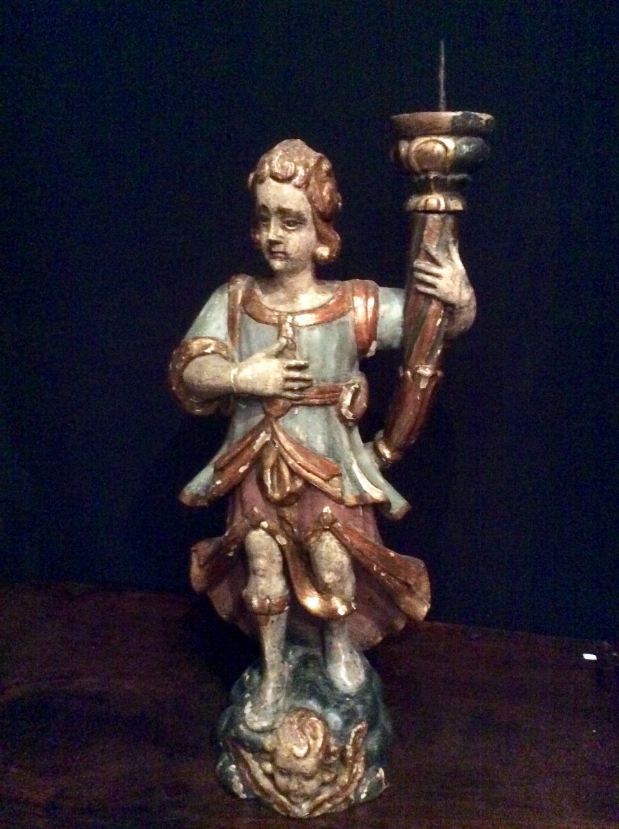 Sculpture En Bois Polychrome PORTE  TORCHERE  -photo-3