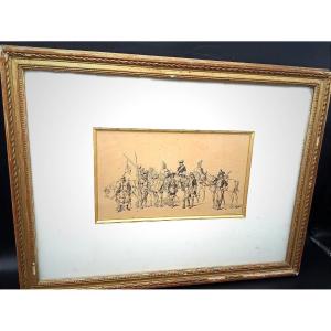 DESSIN DE R. ATTHALIN À L'ENCRE NOIRE D’UNE FRISE CHRONOLOGIQUE DE L'HISTOIRE MILITAIRE.
