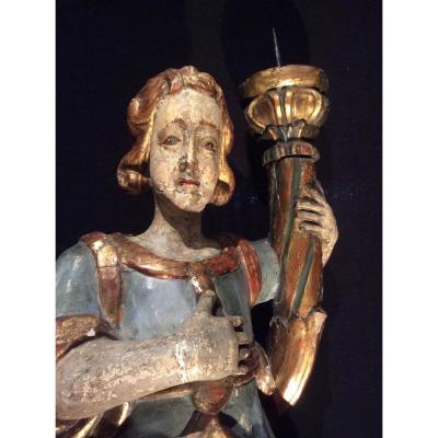 Sculpture En Bois Polychrome PORTE  TORCHERE  