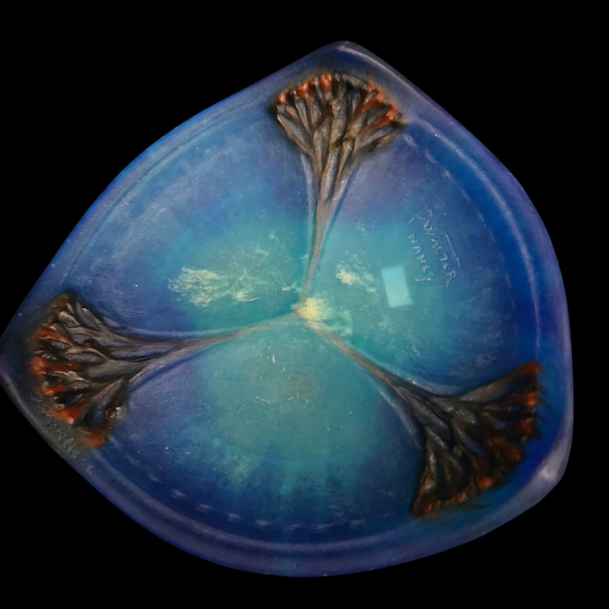 Almaric Walter, Trinket Dish In Blue Glass Paste, Decorated With "seaweed"