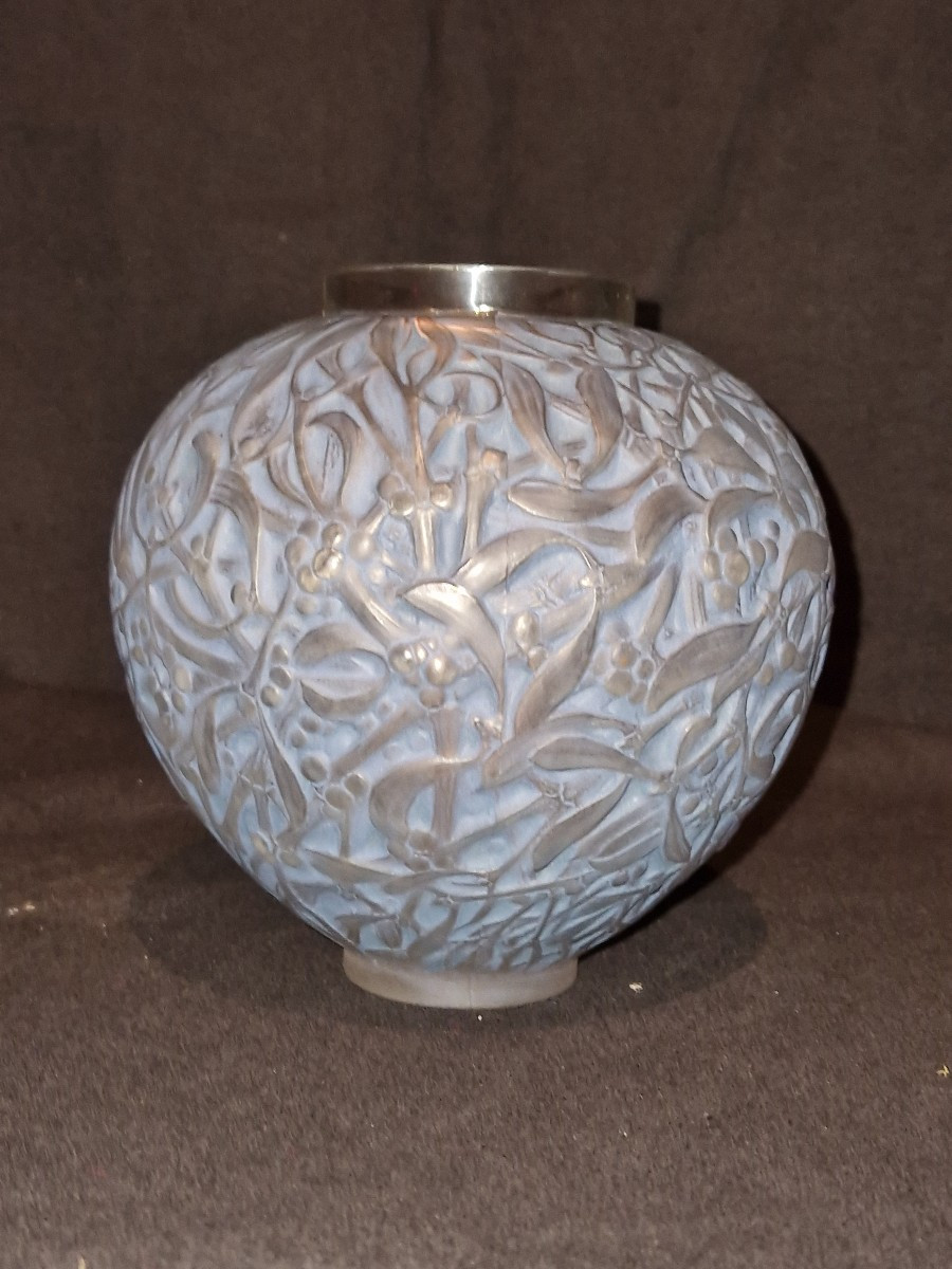 René Lalique, White And Blue Glass Vase, Blow-molded. Mistletoe
