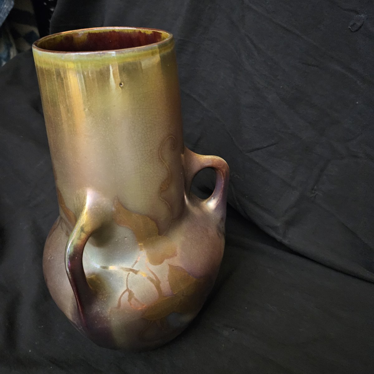 Montières - gros vase pansu, en forme de coloquinte,  en céramique d'époque art nouveau, signé-photo-2