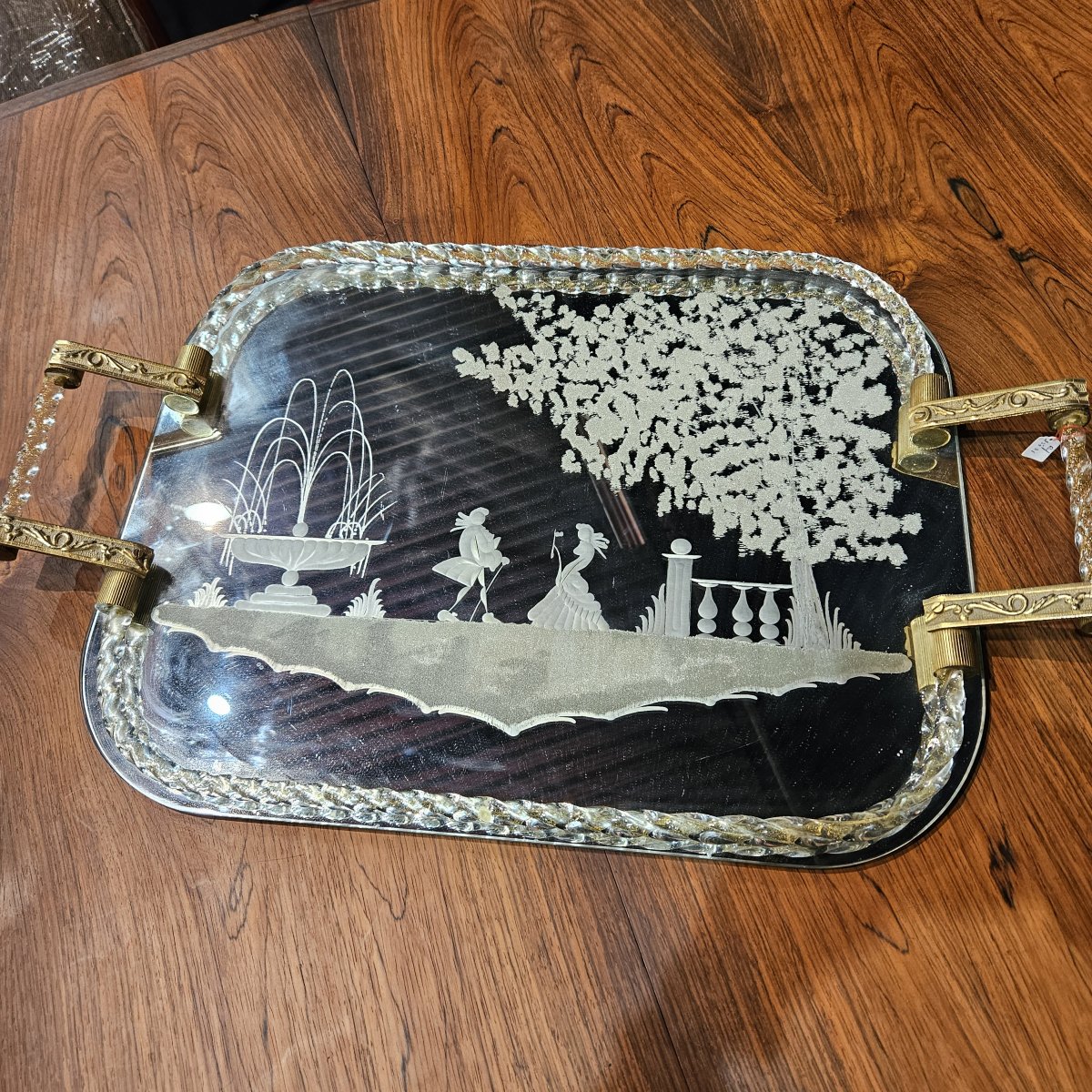 Murano - Glass And Mirror Tray Engraved With A Gallant Scene