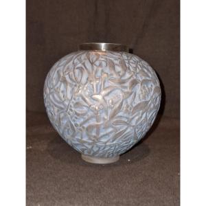 René Lalique, White And Blue Glass Vase, Blow-molded. Mistletoe