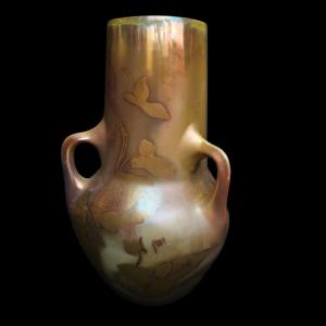 Montières - gros vase pansu, en forme de coloquinte,  en céramique d'époque art nouveau, signé