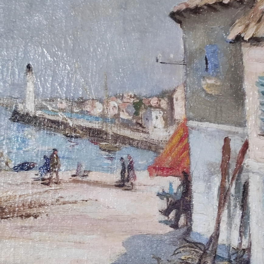 HUILE SUR TOILE BARQUE A QUAI-photo-2