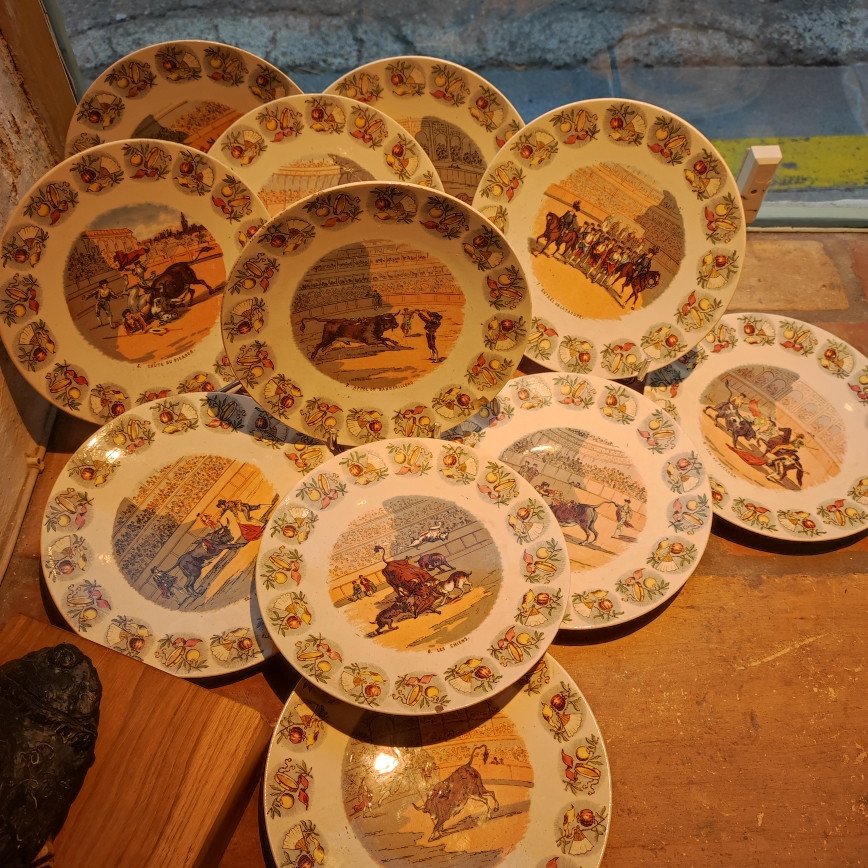 Set Of 11 Plates Depicting Bullfighting Scene