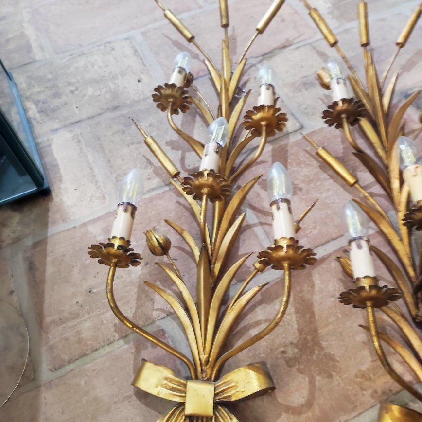 Pair Of Gilded Sheet Metal Wall Sconces-photo-3