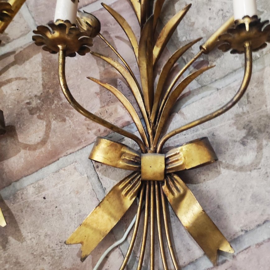 Pair Of Gilded Sheet Metal Wall Sconces-photo-4