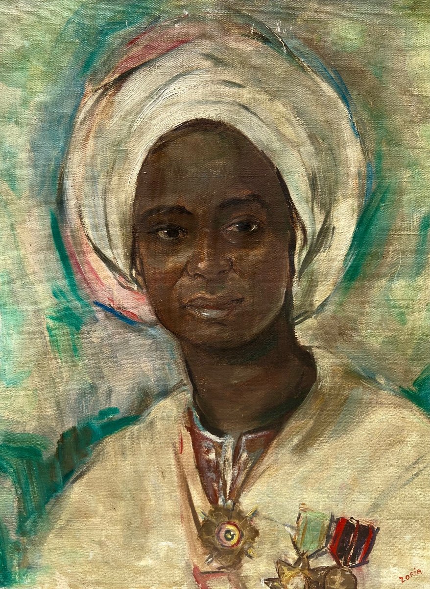 Painting Portrait Of Arouna Njoya Signed Zofia Cameroon 1950-photo-1