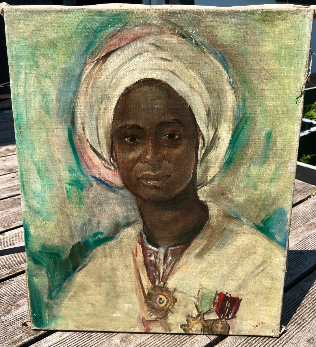 Painting Portrait Of Arouna Njoya Signed Zofia Cameroon 1950