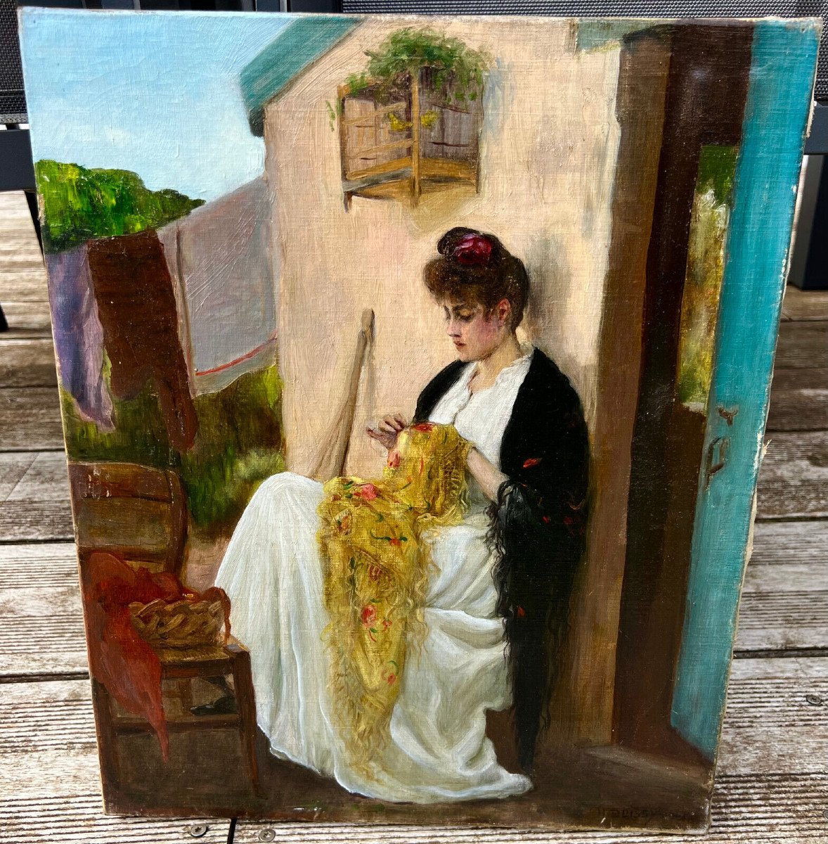 Old Painting La Brodeuse Signed Henriette Boissy 1909 French School