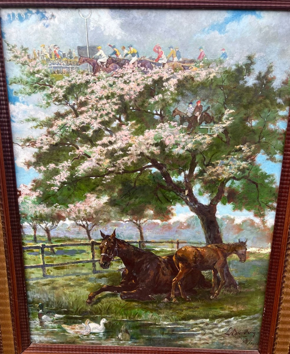 Old Painting The Dream Of Horse Racing Signed Ernest Bodoy 1908 Horses Animalier-photo-1