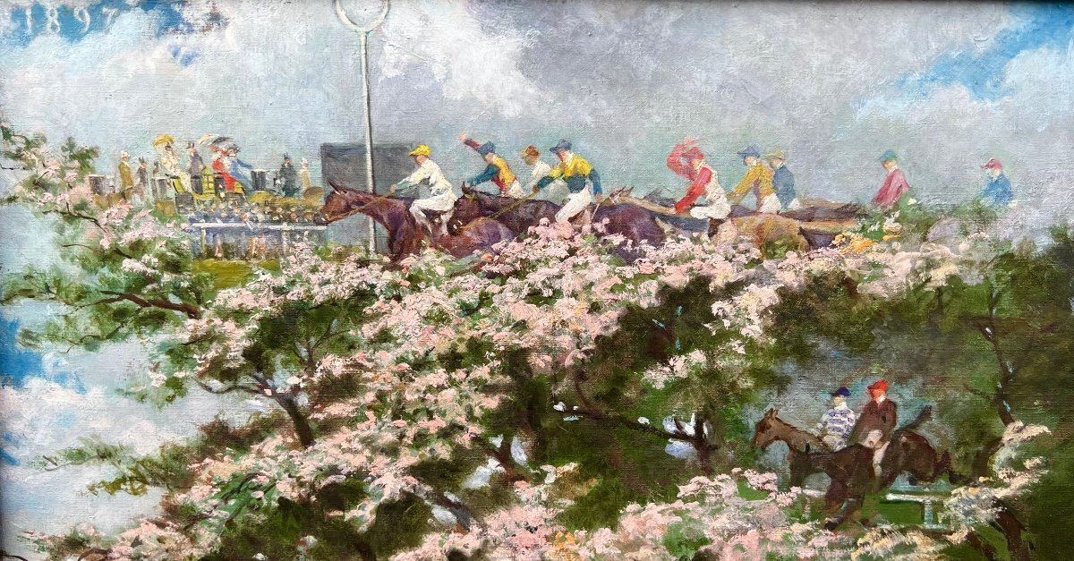 Old Painting The Dream Of Horse Racing Signed Ernest Bodoy 1908 Horses Animalier-photo-3