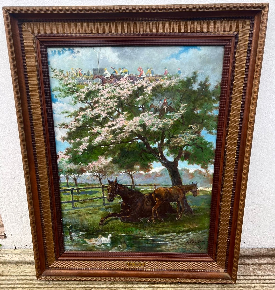 Old Painting The Dream Of Horse Racing Signed Ernest Bodoy 1908 Horses Animalier