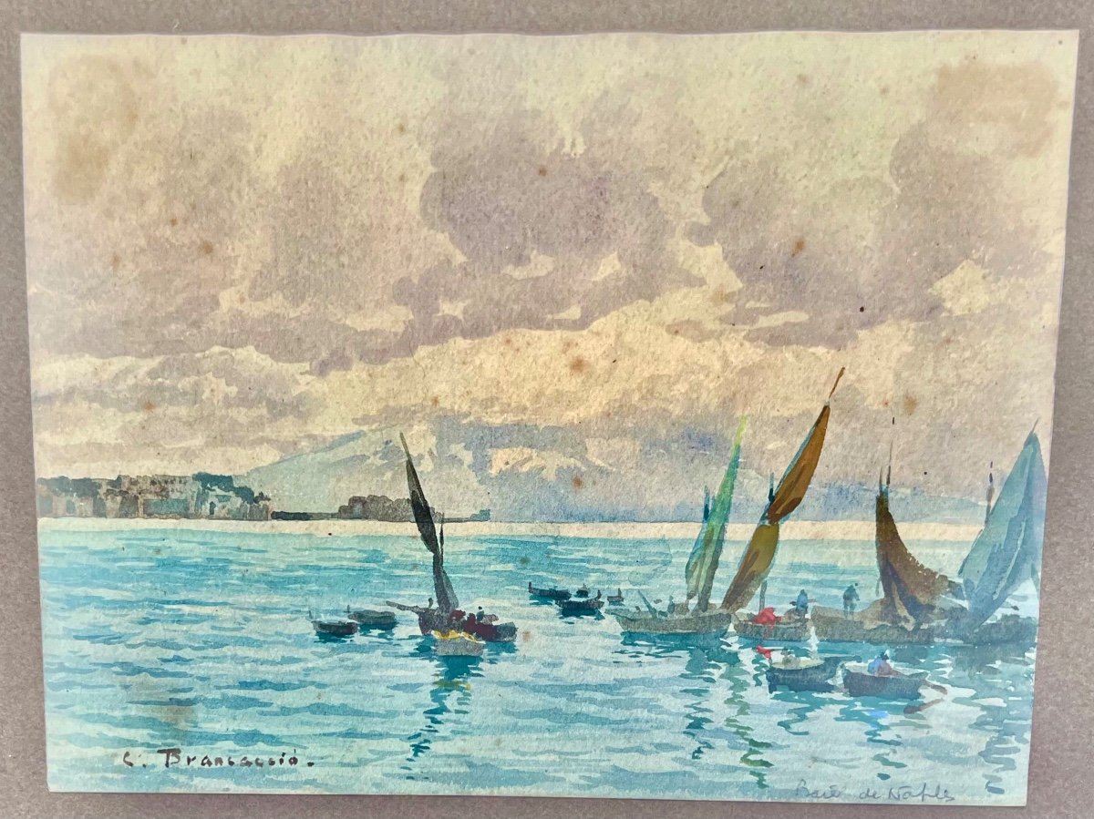 Watercolor Painting The Bay Of Naples Signed Carlo Brancaccio 1900 Italy  -photo-1