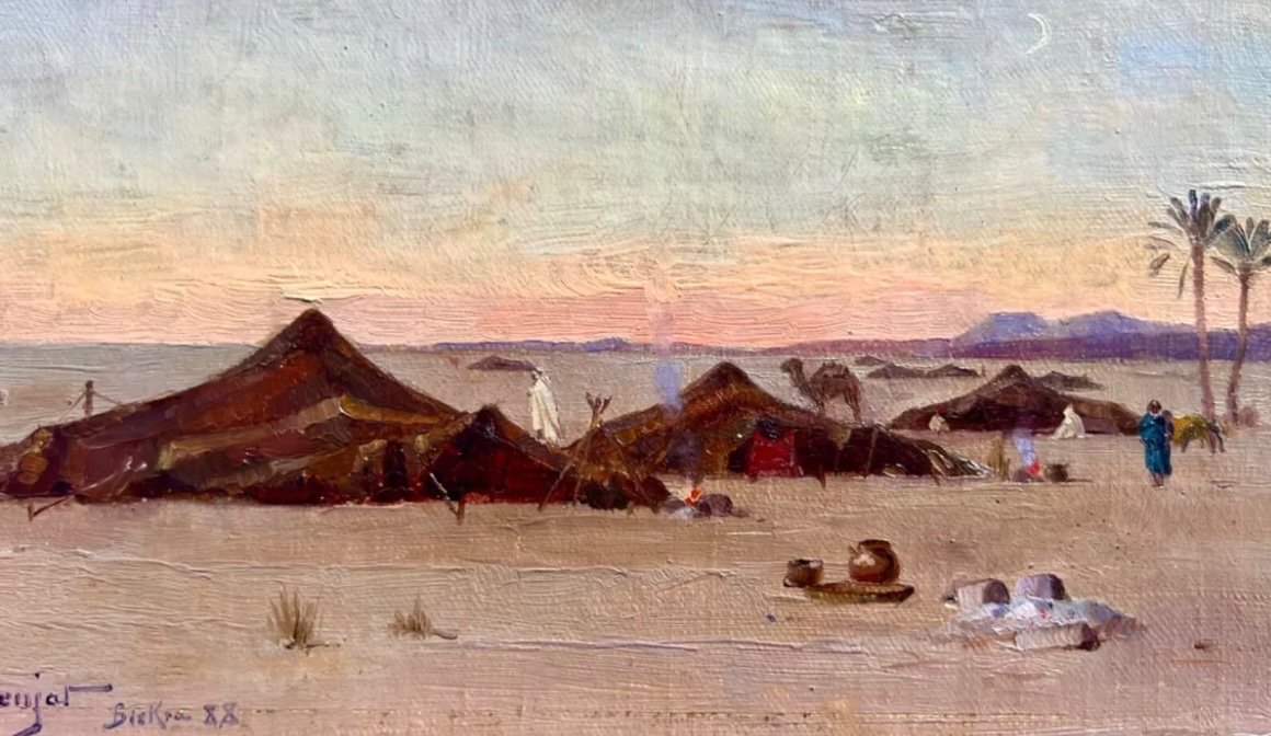 Old Painting The Camp In Biskra Signed Hermenjat 1888 Orientalist 19th Algeria Switzerland -photo-1