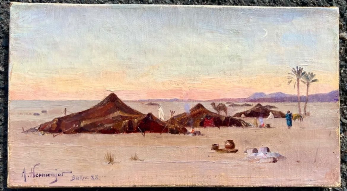 Old Painting The Camp In Biskra Signed Hermenjat 1888 Orientalist 19th Algeria Switzerland 