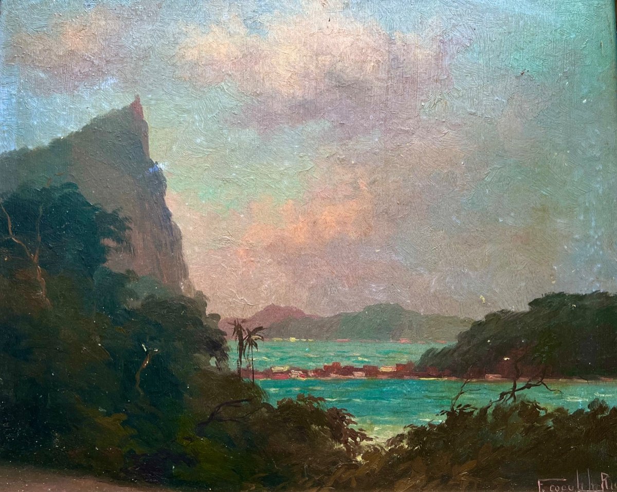 Old Painting The Bay Of Rio Signed Francisco Coculilo 1930 Brazil  -photo-1
