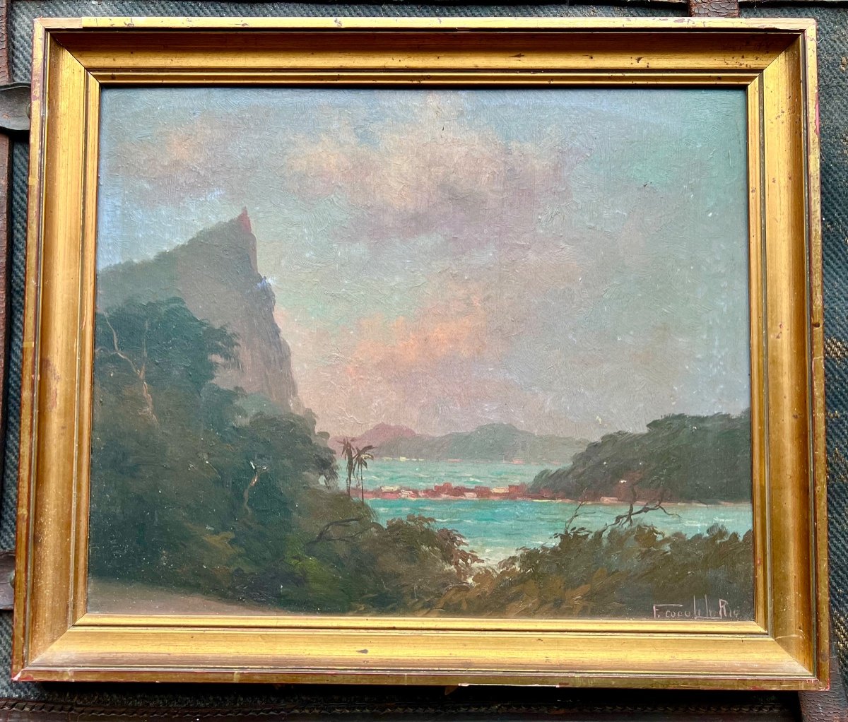 Old Painting The Bay Of Rio Signed Francisco Coculilo 1930 Brazil  