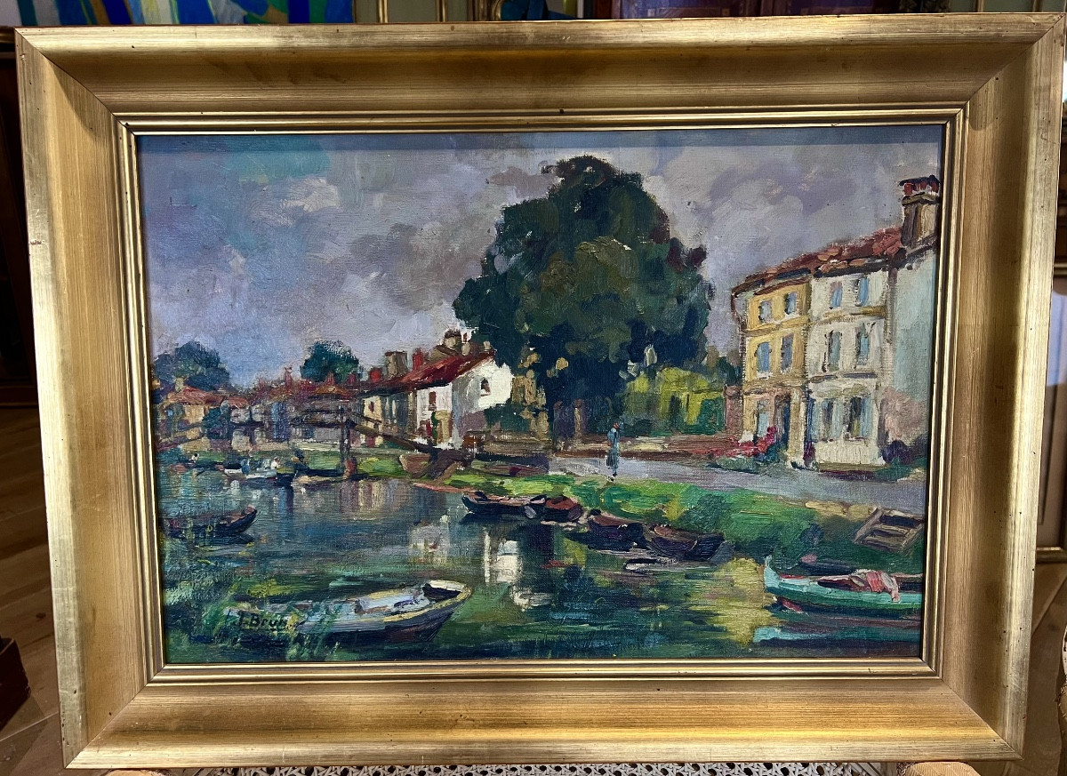 Painting The Marais De Poitevin Signed Jeanne Brun Bordeaux Green Venice 